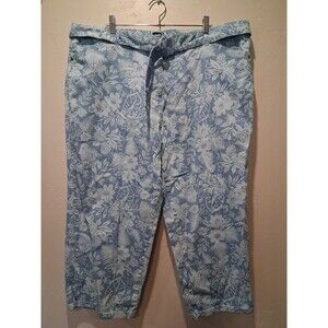 VTG Basic Editions Sz 24W Blue Tropical Leaf Print Wide Leg Cropped Denim Pants